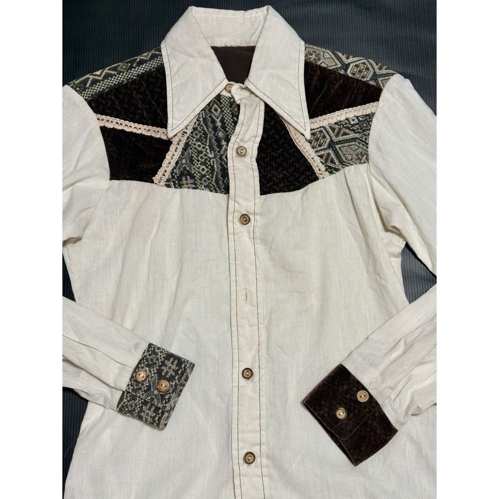 70s VINTAGE Patchwork Brown Cream ButtonDown Western Shirt Pinup Rockabilly Boho - Picture 2 of 10